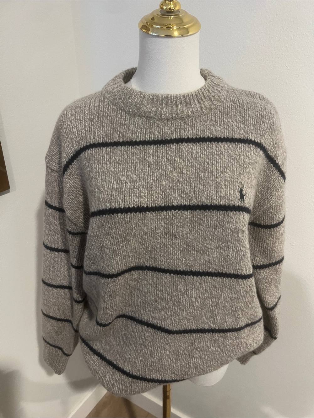 Polo by Ralph Lauren Taupe Crewneck Sweater with Black Stripes